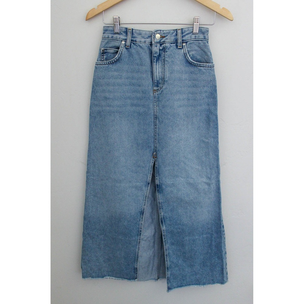 Pilcro Denim Midi Skirt Size 2 Blue Front Slit Raw Hem Pockets